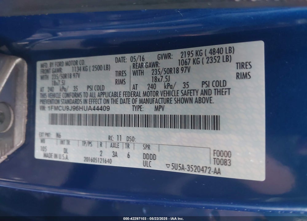 2017 FORD ESCAPE TITANIUM VIN: 1FMCU9J96HUA44409