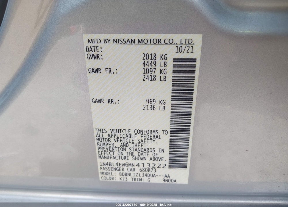 2021 NISSAN ALTIMA VIN: 1N4BL4EW6MN413222