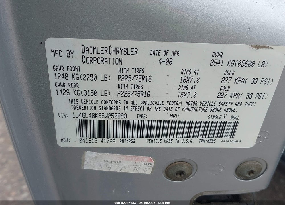2006 JEEP LIBERTY SPORT VIN: 1J4GL48K66W252693