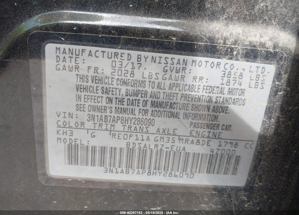 2017 NISSAN SENTRA VIN: 3N1AB7AP8HY286090