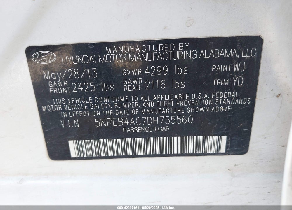 2013 HYUNDAI SONATA GLS VIN: 5NPEB4AC7DH755560