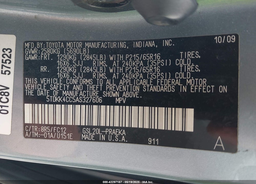 2010 TOYOTA SIENNA LE VIN: 5TDKK4CC5AS327606