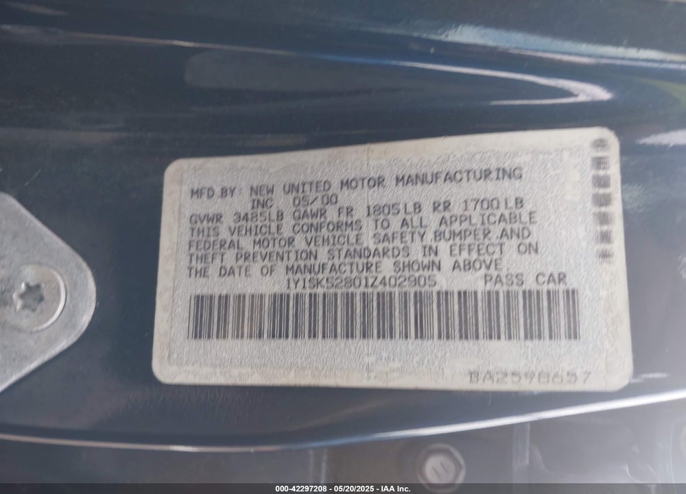 2001 CHEVROLET PRIZM VIN: 1Y1SK52801Z402905