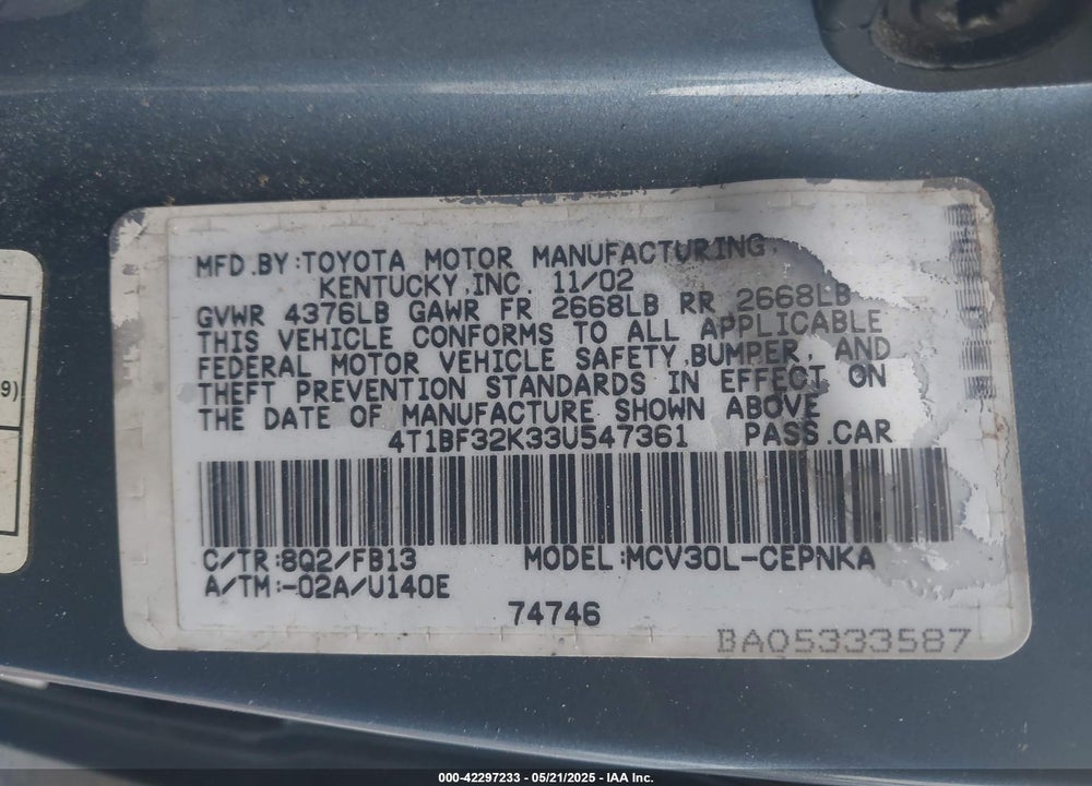 2003 TOYOTA CAMRY VIN: 4T1BF32K33U547361