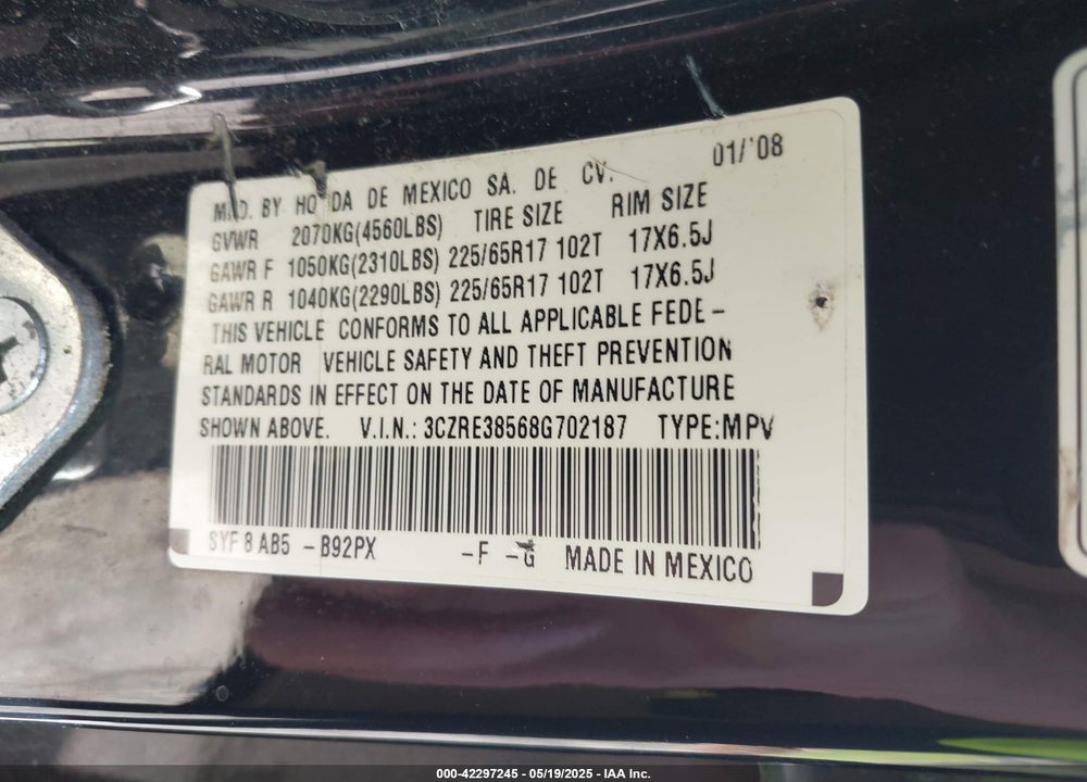 2008 HONDA CR-V EX VIN: 3CZRE38568G702187