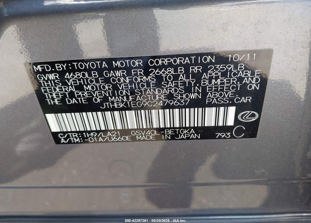 2012 LEXUS ES 350 VIN: JTHBK1EG9C2479637
