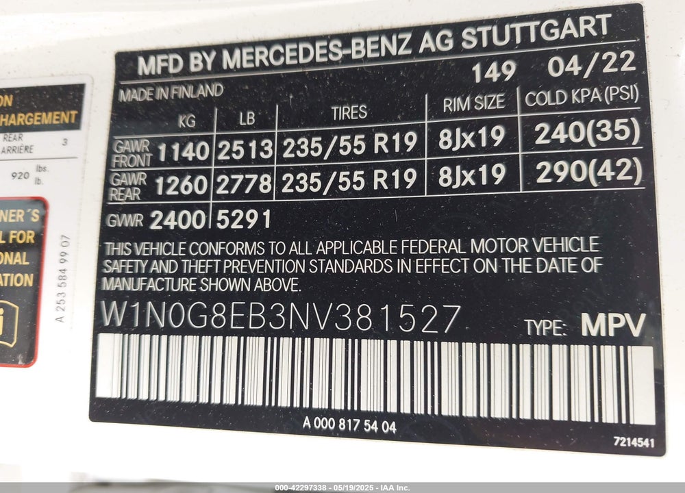 2022 MERCEDES-BENZ GLC CLASS VIN: W1N0G8EB3NV381527