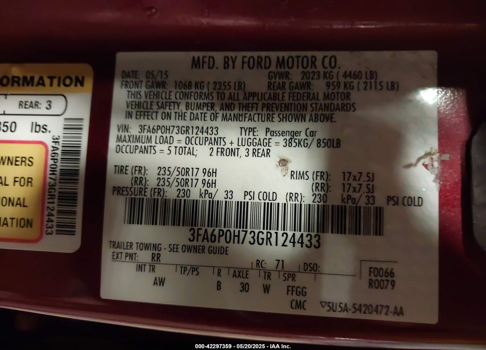 2016 FORD FUSION VIN: 3FA6P0H73GR124433