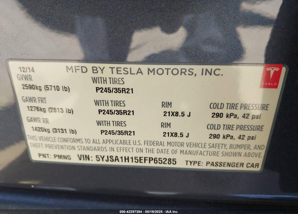 2014 TESLA MODEL S P85 VIN: 5YJSA1H15EFP65285