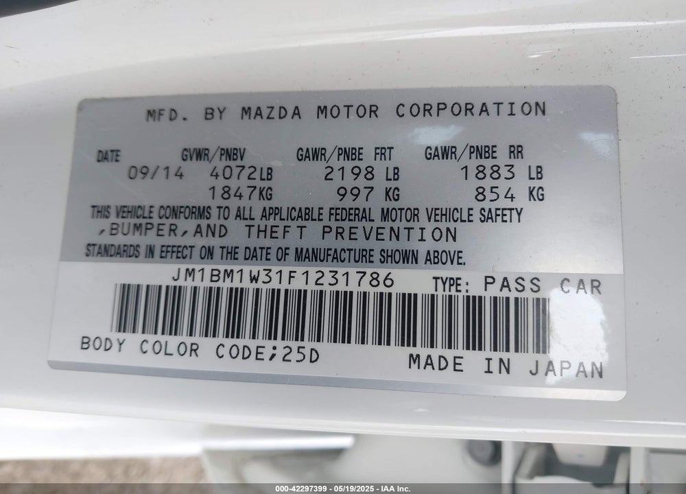 2015 MAZDA MAZDA3 VIN: JM1BM1W31F1231786