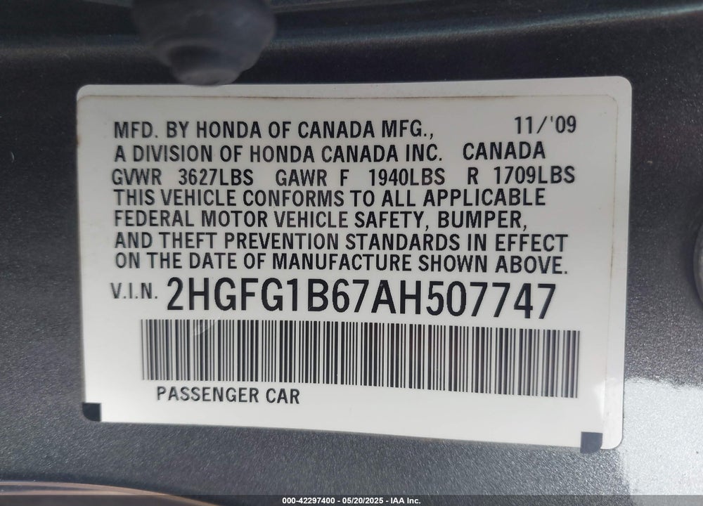 2010 HONDA CIVIC VIN: 2HGFG1B67AH507747