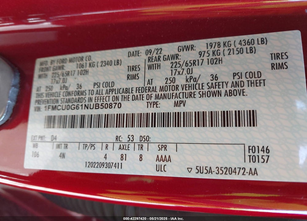 2022 FORD ESCAPE SE VIN: 1FMCU0G61NUB50870