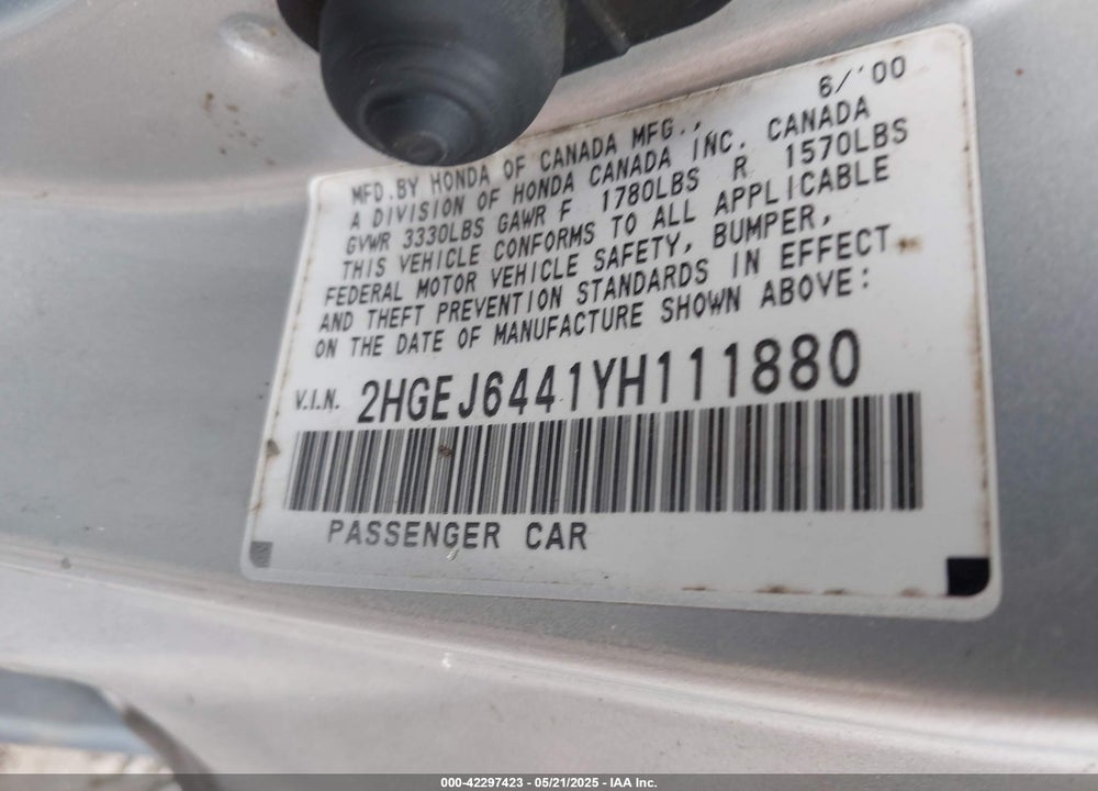 2000 HONDA CIVIC DX VIN: 2HGEJ6441YH111880