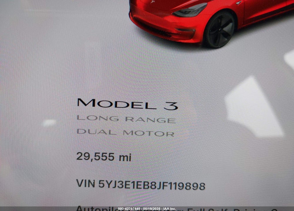 2018 TESLA MODEL 3 LONG RANGE/PERFORMANCE VIN: 5YJ3E1EB8JF119898