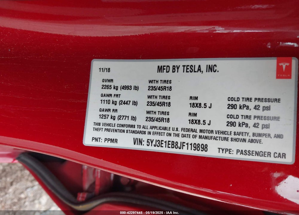 2018 TESLA MODEL 3 LONG RANGE/PERFORMANCE VIN: 5YJ3E1EB8JF119898