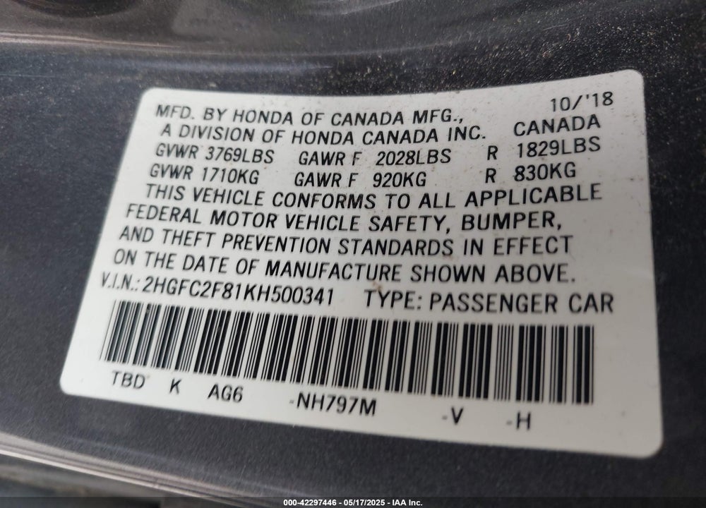 2019 HONDA CIVIC VIN: 2HGFC2F81KH500341