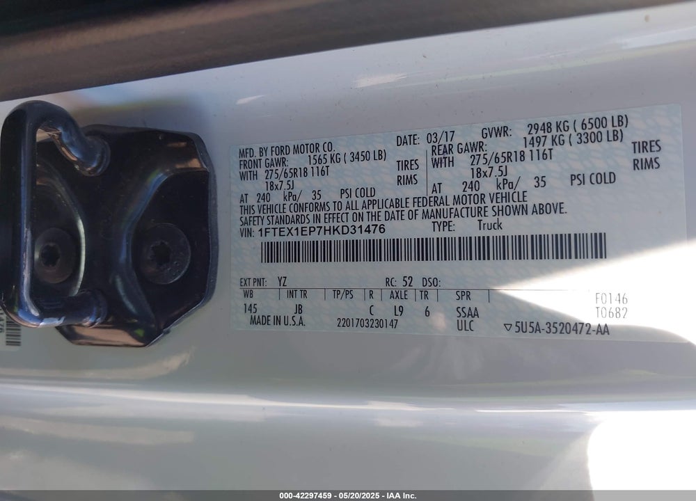 2017 FORD F-150 VIN: 1FTEX1EP7HKD31476