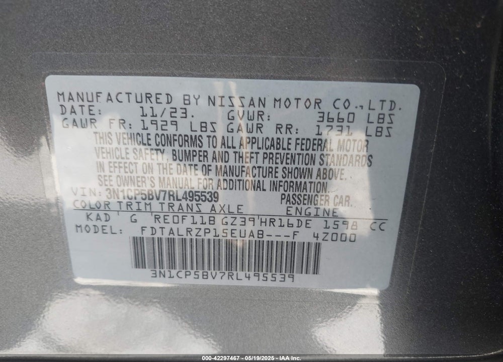 2024 NISSAN KICKS S XTRONIC CVT VIN: 3N1CP5BV7RL495539