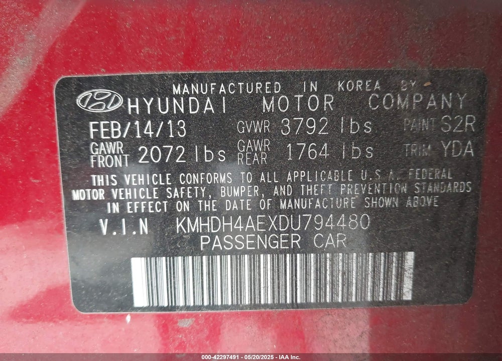 2013 HYUNDAI ELANTRA VIN: KMHDH4AEXDU794480