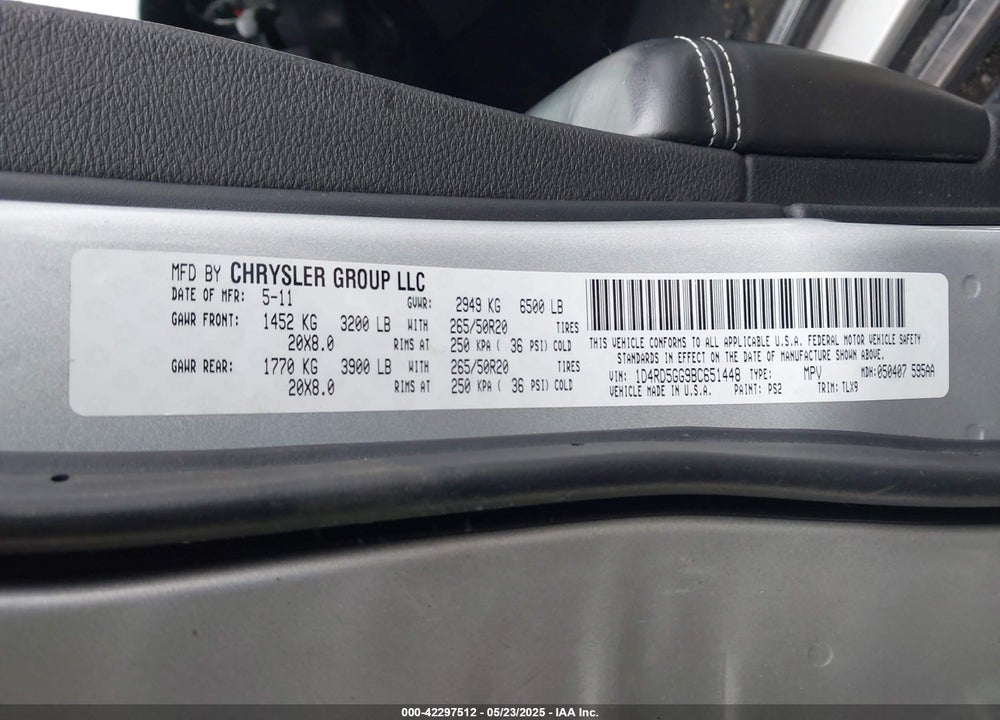 2011 DODGE DURANGO VIN: 1D4RD5GG9BC651448