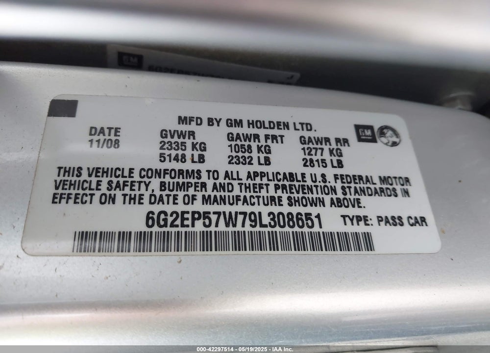 2009 PONTIAC G8 VIN: 6G2EP57W79L308651