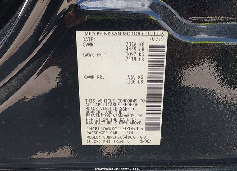 2019 NISSAN ALTIMA VIN: 1N4BL4DWXKC194615
