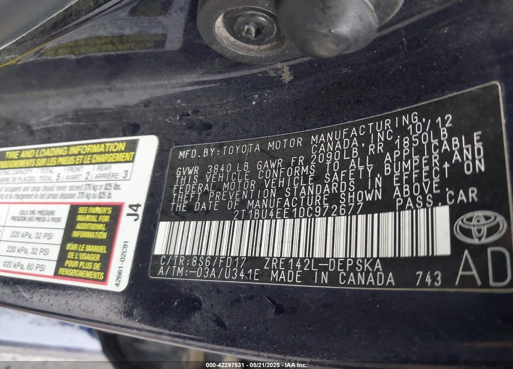 2013 TOYOTA COROLLA VIN: 2T1BU4EE1DC972677