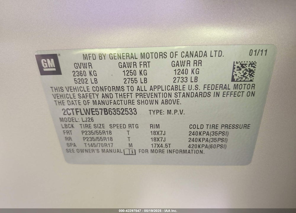 2011 GMC TERRAIN VIN: 2CTFLWE57B6352533