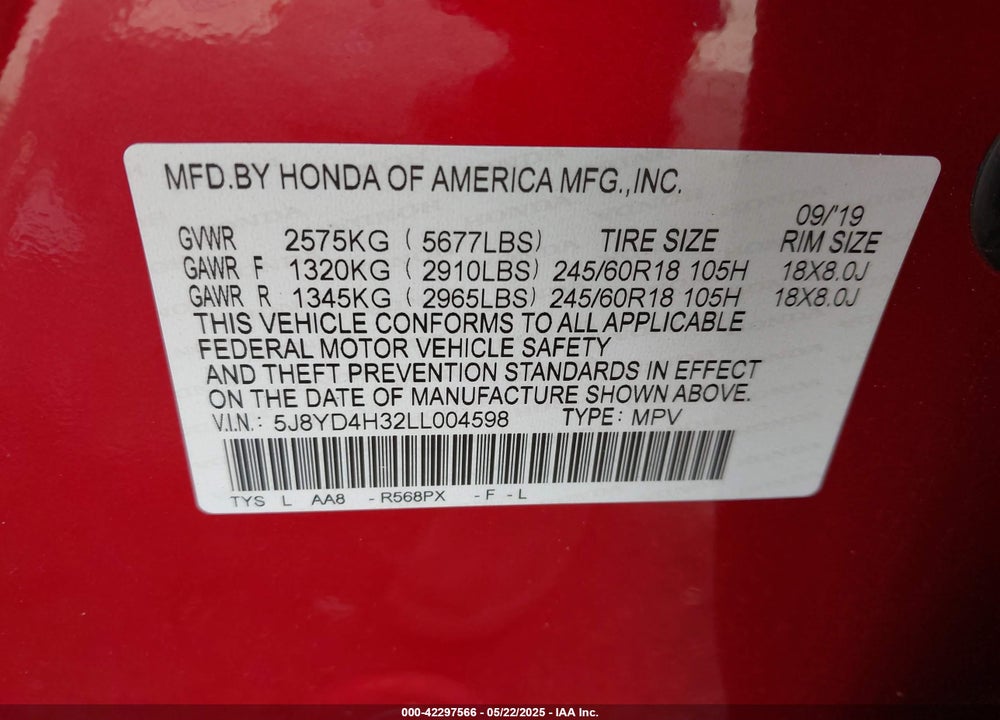 2020 ACURA MDX STANDARD VIN: 5J8YD4H32LL004598