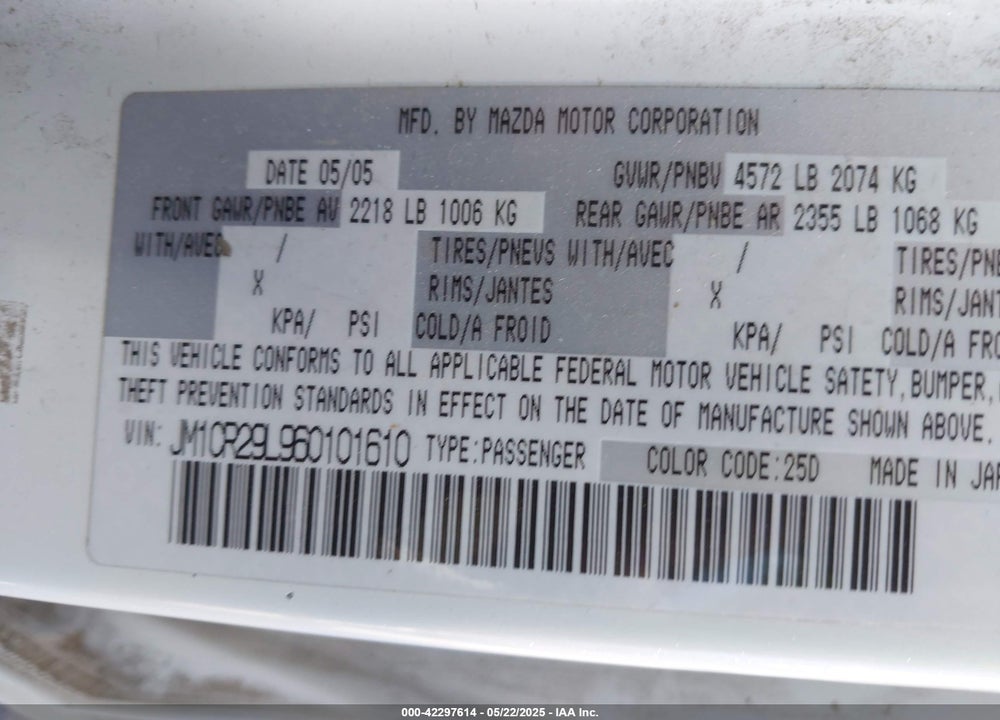 2006 MAZDA 5 SPORT VIN: JM1CR29L960101610