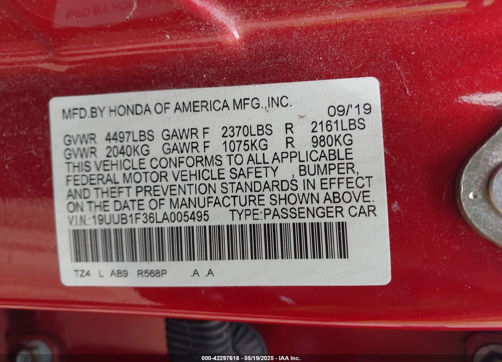 2020 ACURA TLX VIN: 19UUB1F36LA005495