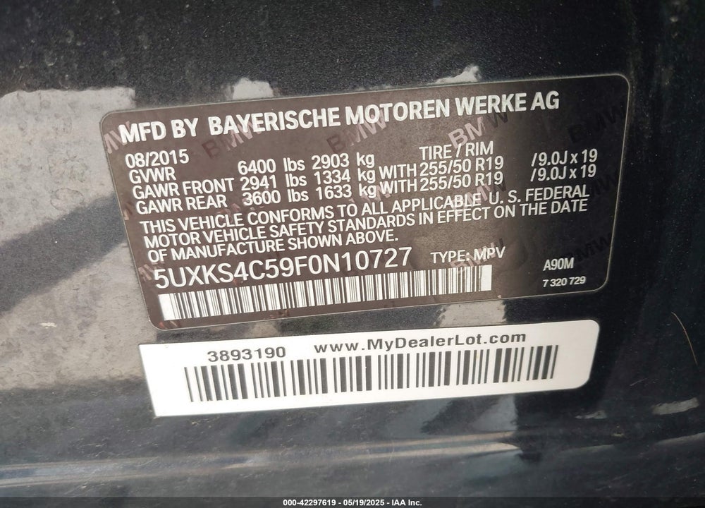 2015 BMW X5 VIN: 5UXKS4C59F0N10727