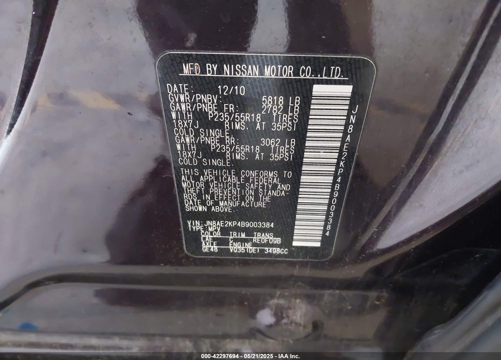 2011 NISSAN QUEST SL VIN: JN8AE2KP4B9003384