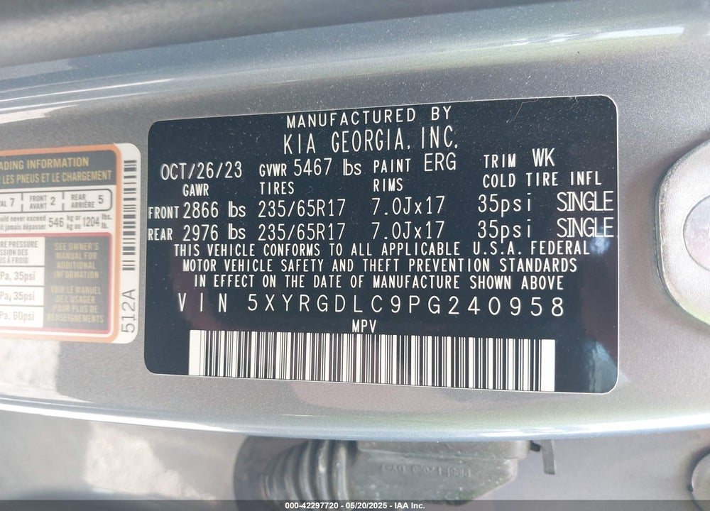 2023 KIA SORENTO VIN: 5XYRGDLC9PG240958