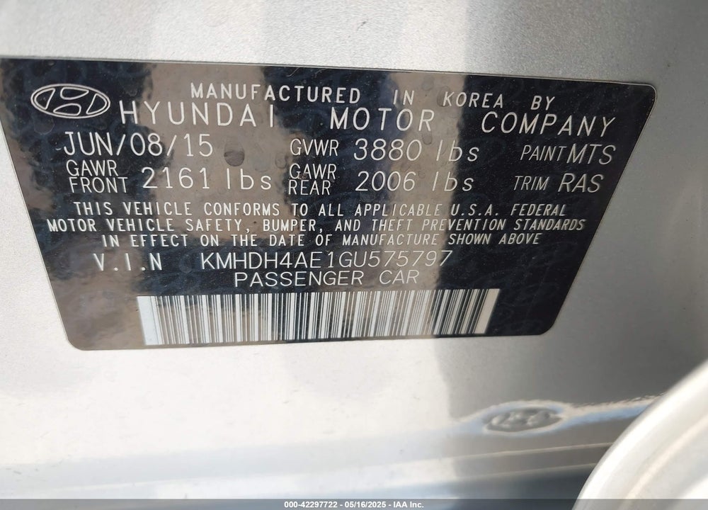 2016 HYUNDAI ELANTRA VIN: KMHDH4AE1GU575797