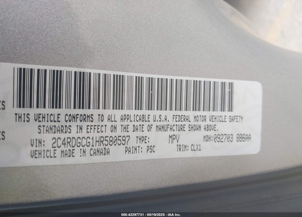 2017 DODGE GRAND CARAVAN SXT VIN: 2C4RDGCG1HR580597