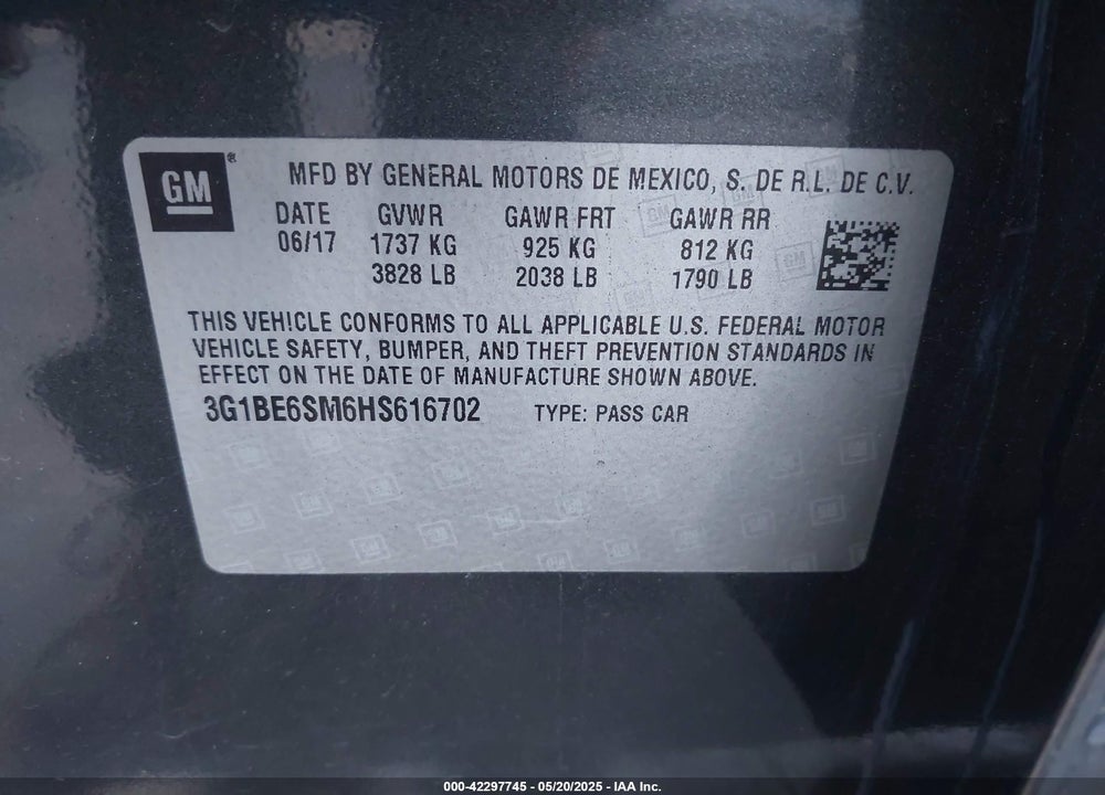 2017 CHEVROLET CRUZE VIN: 3G1BE6SM6HS616702