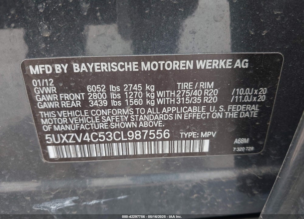 2012 BMW X5 XDRIVE35I/XDRIVE35I PREMIUM/XDRIVE35I SPORT ACTIVITY VIN: 5UXZV4C53CL987556