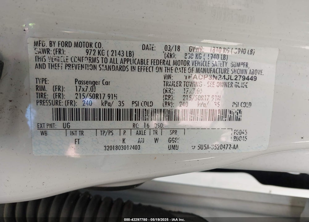 2018 FORD FOCUS VIN: 1FADP3N24JL279449