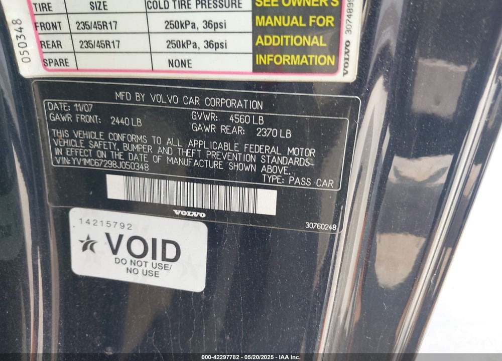 2008 VOLVO C70 VIN: YV1MC67298J050348