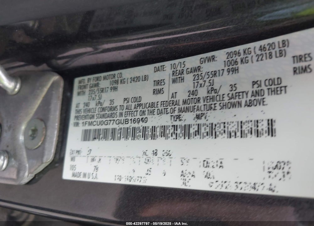 2016 FORD ESCAPE SE VIN: 1FMCU0G77GUB16959