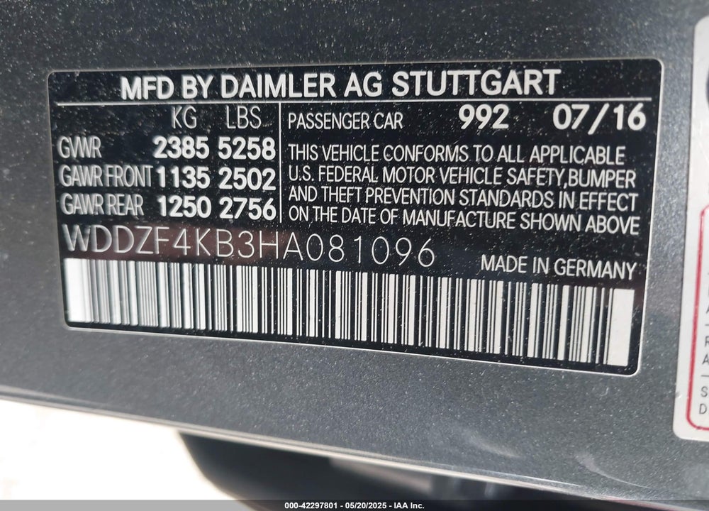 2017 MERCEDES-BENZ E-CLASS VIN: WDDZF4KB3HA081096