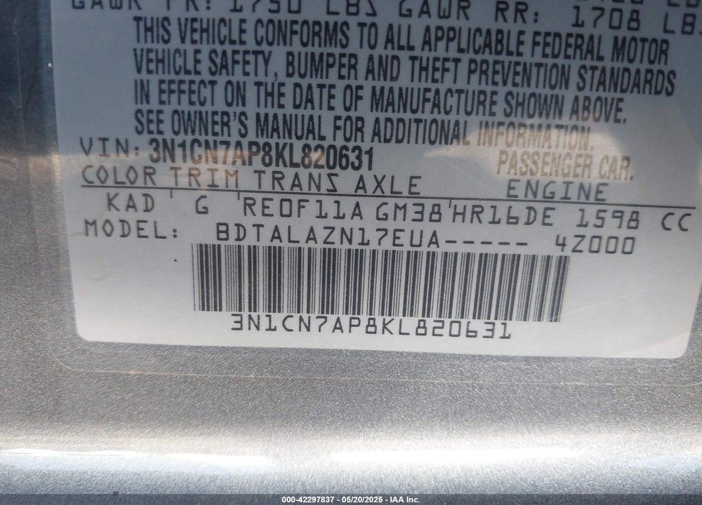 2019 NISSAN VERSA 1.6 S+ VIN: 3N1CN7AP8KL820631