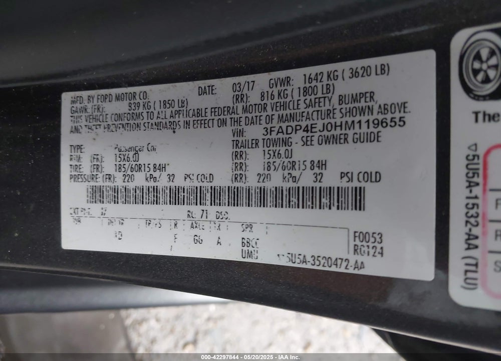 2017 FORD FIESTA VIN: 3FADP4EJ0HM119655