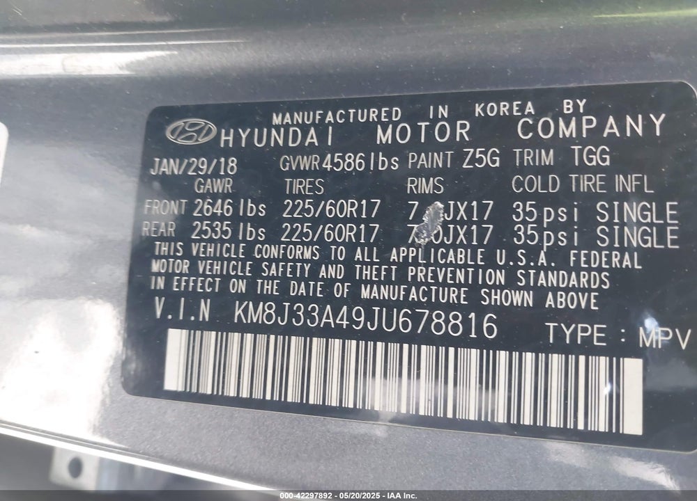 2018 HYUNDAI TUCSON VIN: KM8J33A49JU678816
