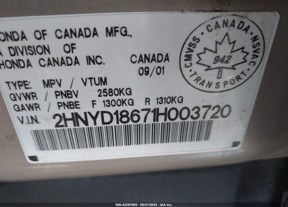 2001 ACURA MDX VIN: 2HNYD18671H003720
