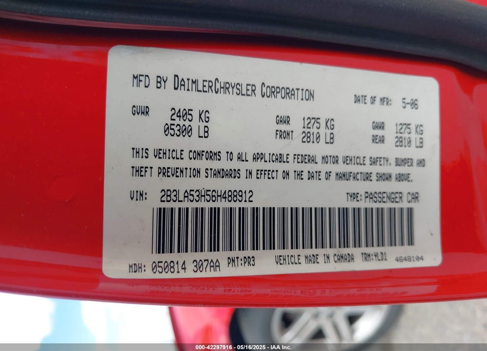 2006 DODGE CHARGER VIN: 2B3LA53H56H488912