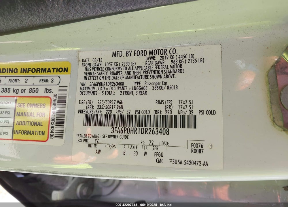 2013 FORD FUSION SE VIN: 3FA6P0HR1DR263408