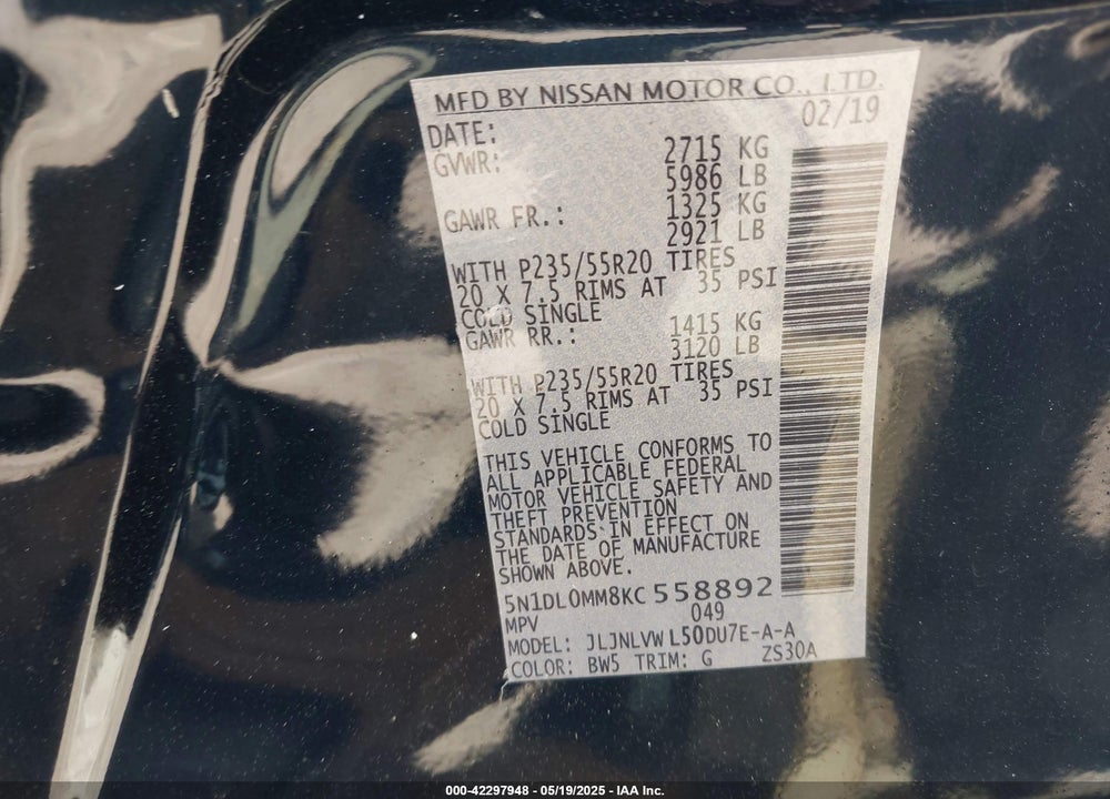 2019 INFINITI QX60 VIN: 5N1DL0MM8KC558892
