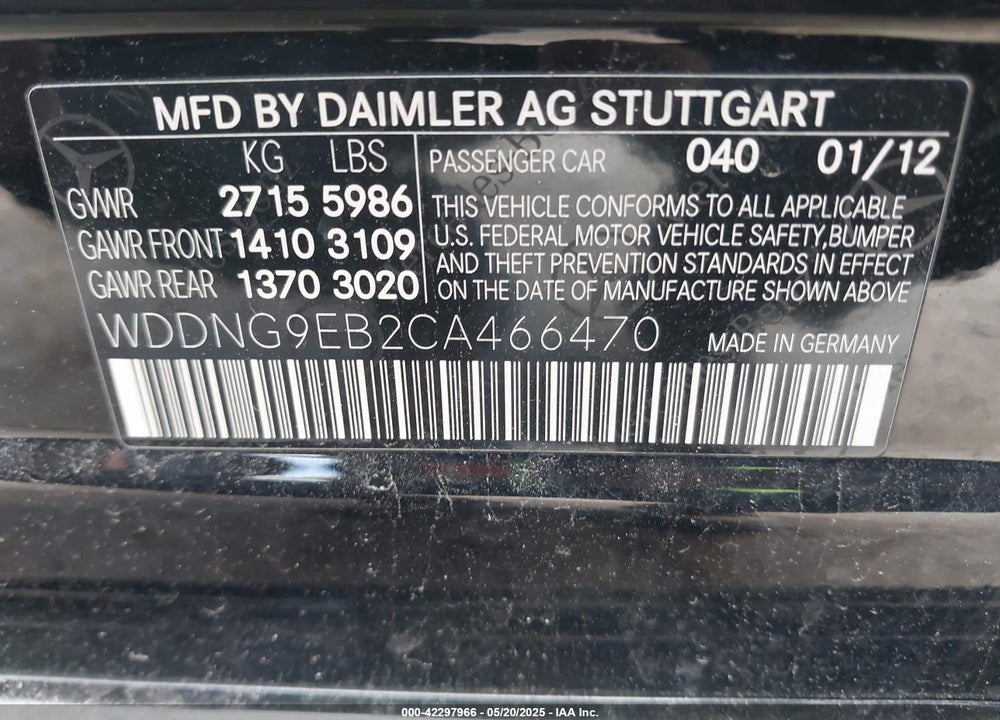 2012 MERCEDES-BENZ S 550 4MATIC VIN: WDDNG9EB2CA466470